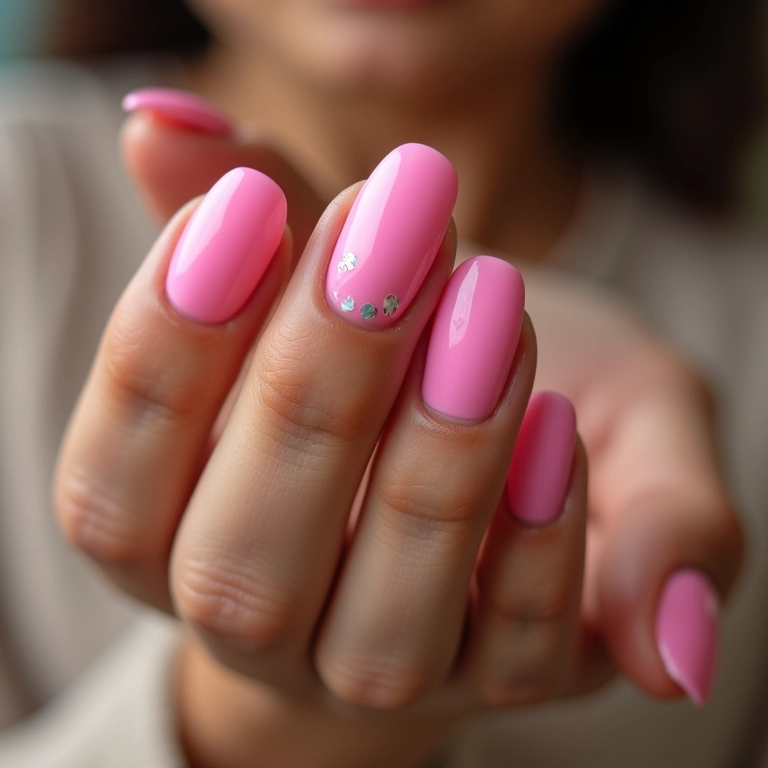 Unhas rosa pink encapsulada com adesivos divertidos.