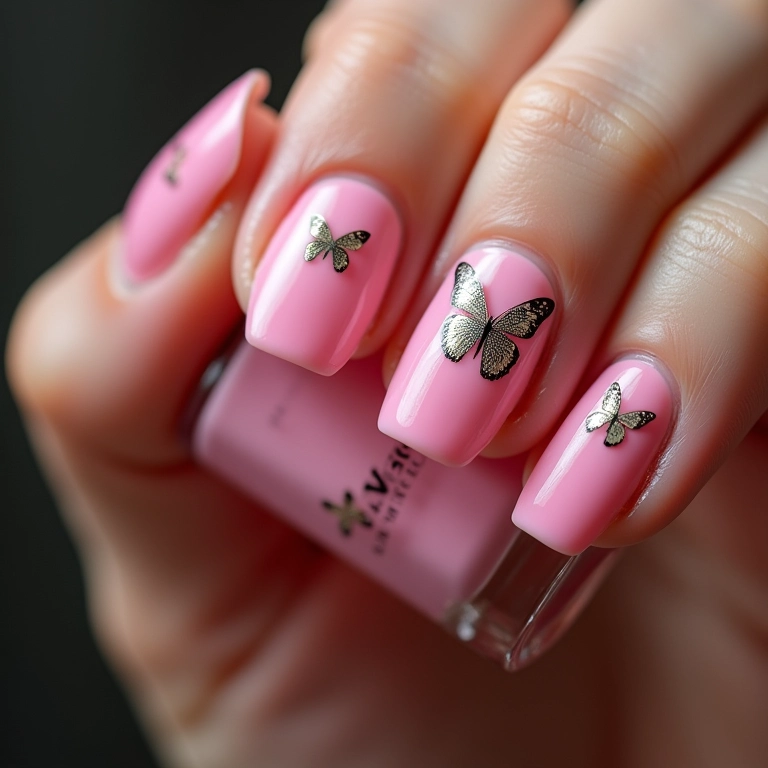 Unhas rosa pink encapsulada com delicadas borboletas.