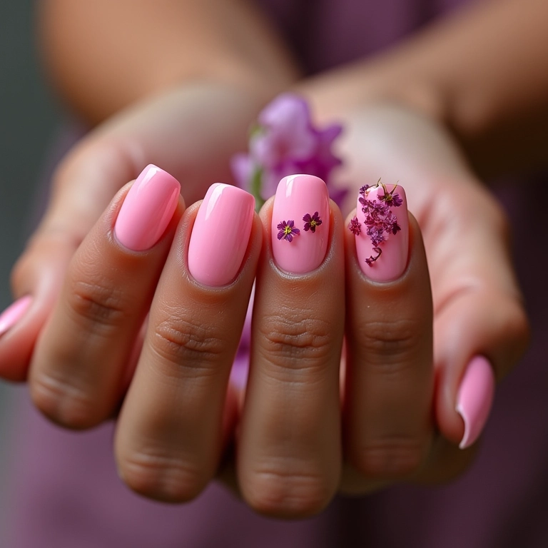 Unhas rosa pink encapsulada com delicadas flores secas.