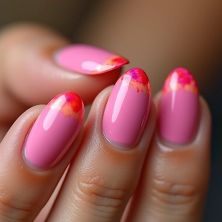 Unhas rosa pink encapsulada com francesinha colorida.