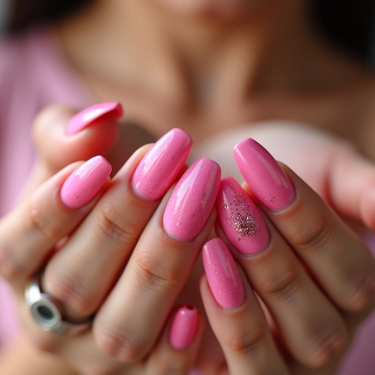 Unhas rosa pink encapsulada com glitter brilhante.
