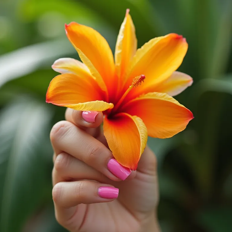 Unhas rosa pink vibrante com flor tropical.