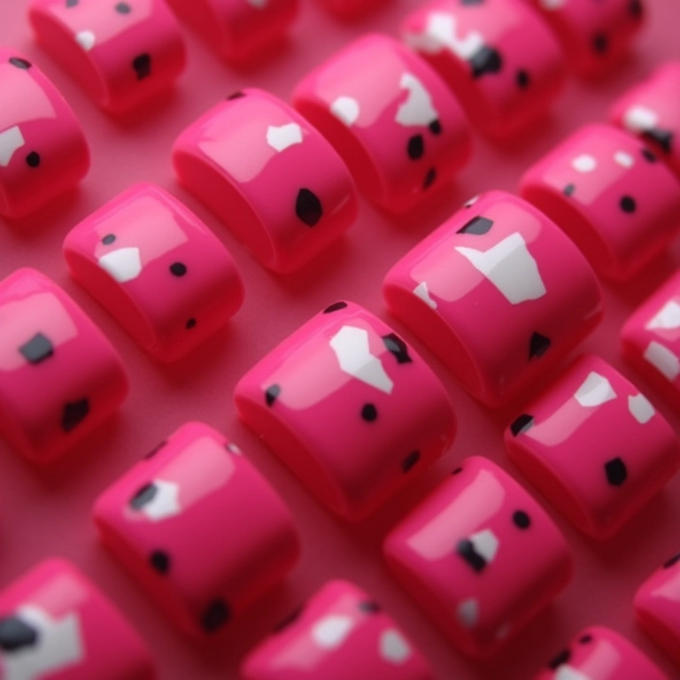 Unhas rosa pink vibrante quadradas com desenhos geométricos modernos.