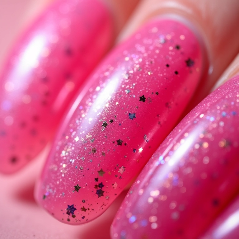 Unhas rosa pink vibrantes com glitter furta cor.