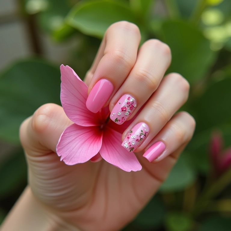 Unhas rosas decoradas com flores: delicadeza e feminilidade.