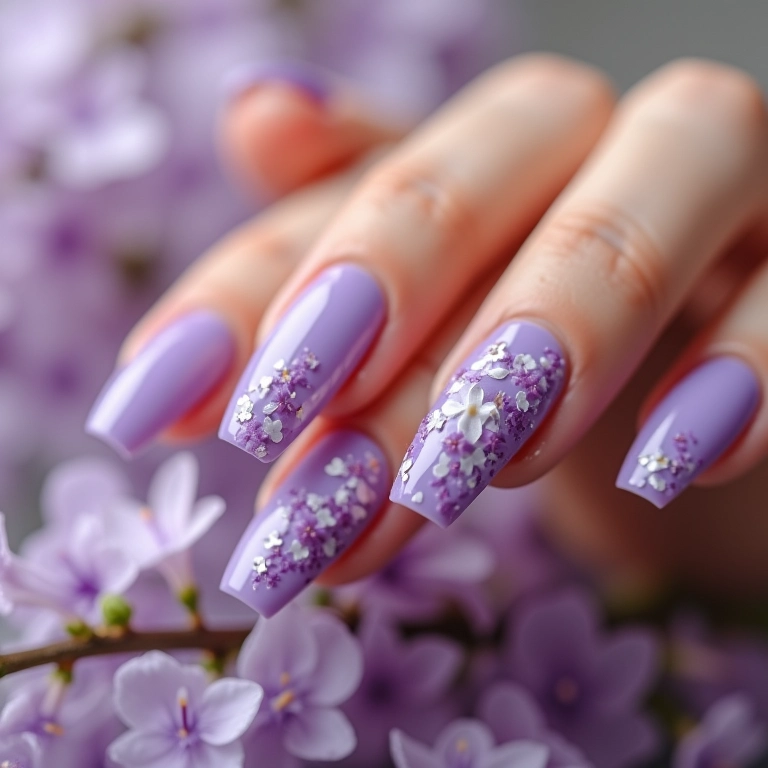 Unhas roxas com desenhos de flores lilás delicadas.