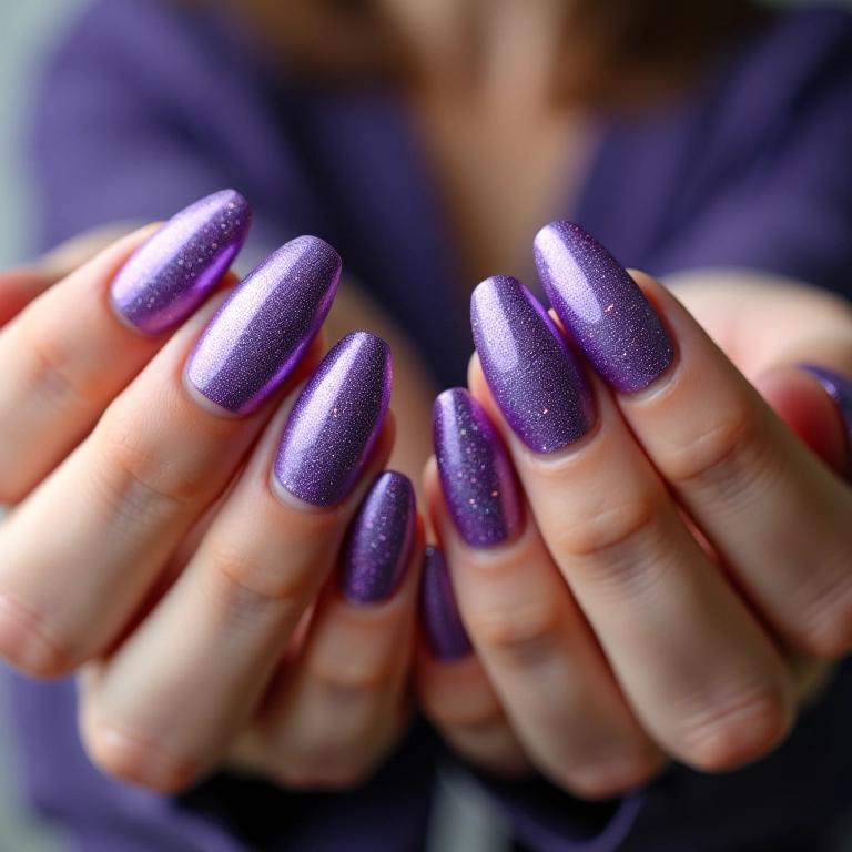 Unhas roxas com glitter furta-cor brilhante.