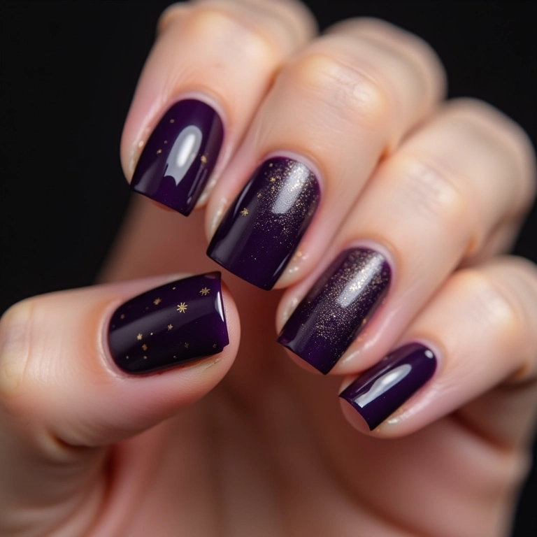 Unhas roxo escuro com adesivos estilosos.