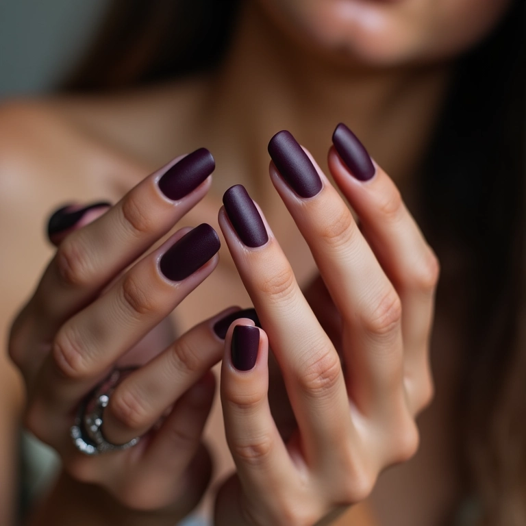 Unhas roxo escuro com efeito matte.