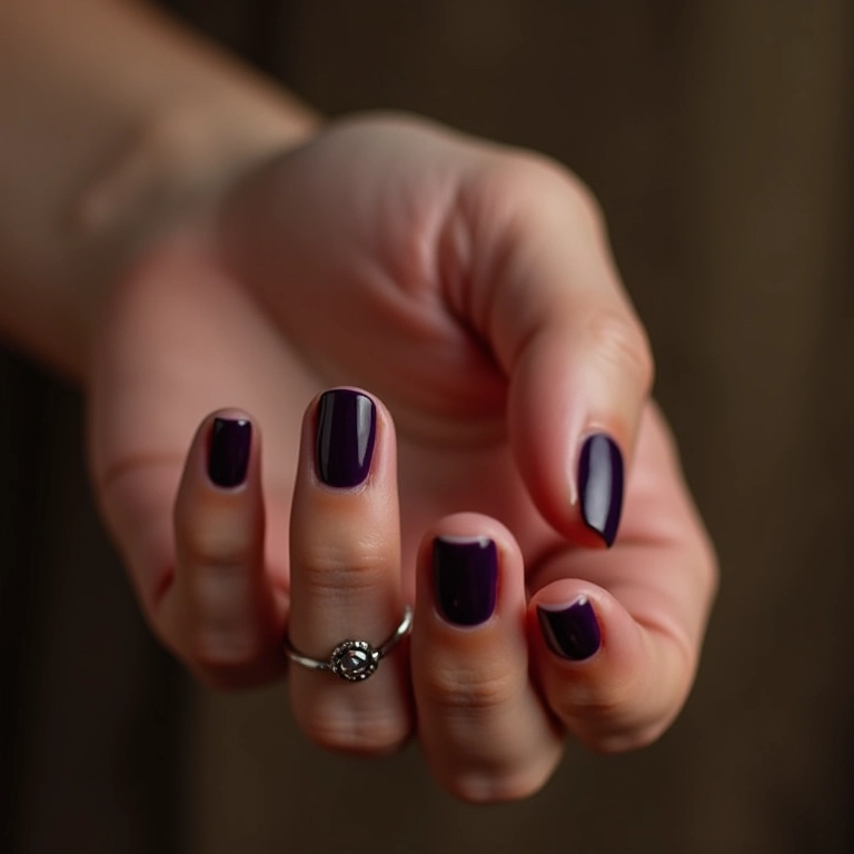 Unhas roxo escuro com filha única nude.