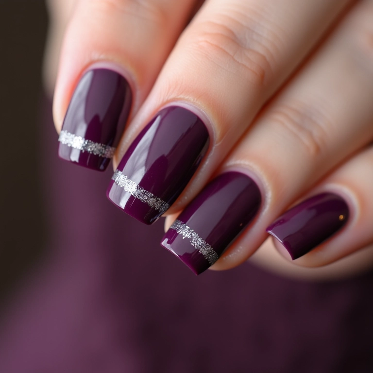 Unhas roxo escuro com francesinha prata.