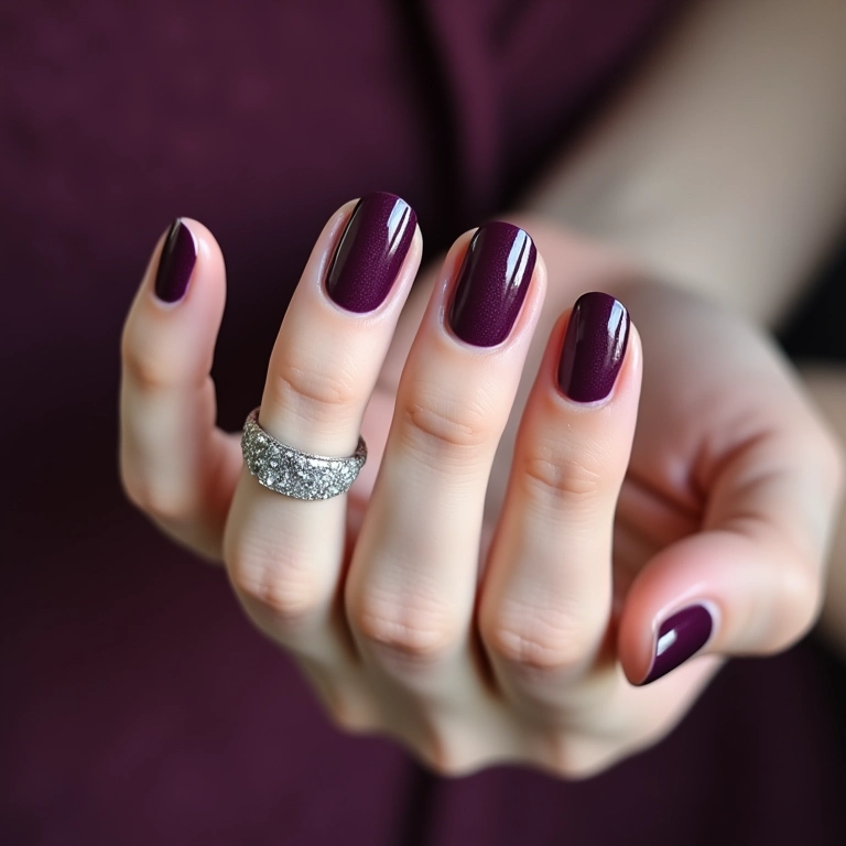 Unhas roxo escuro com glitter prata.