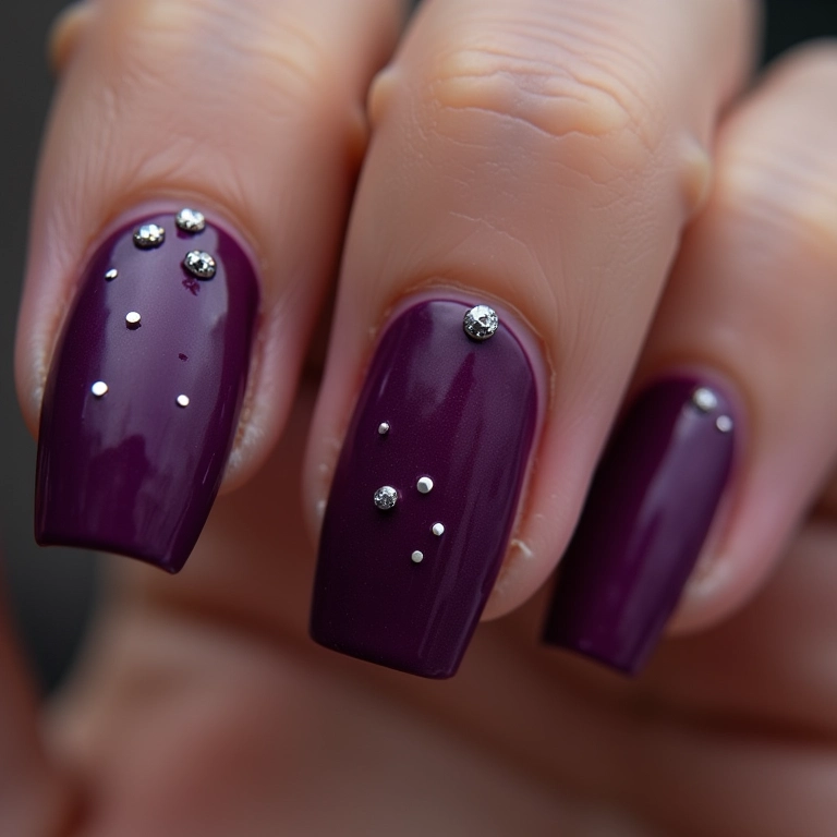 Unhas roxo escuro com pedrarias brilhantes.