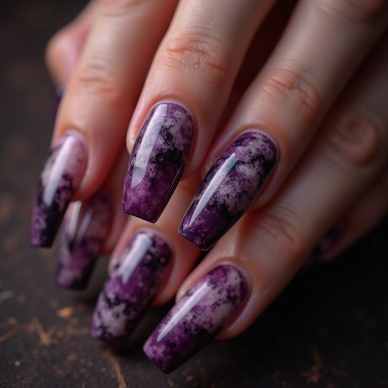 Unhas roxo escuro marmorizadas.