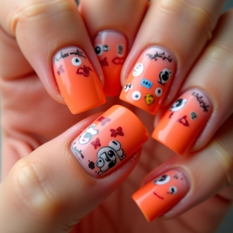 Unhas salmão com adesivos divertidos.