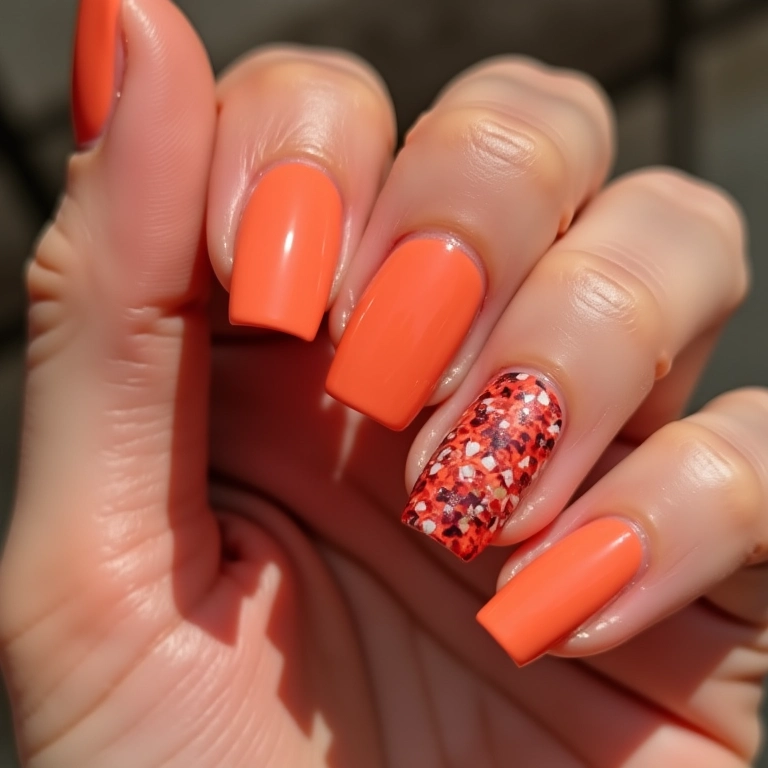 Unhas salmão com desenhos geométricos.