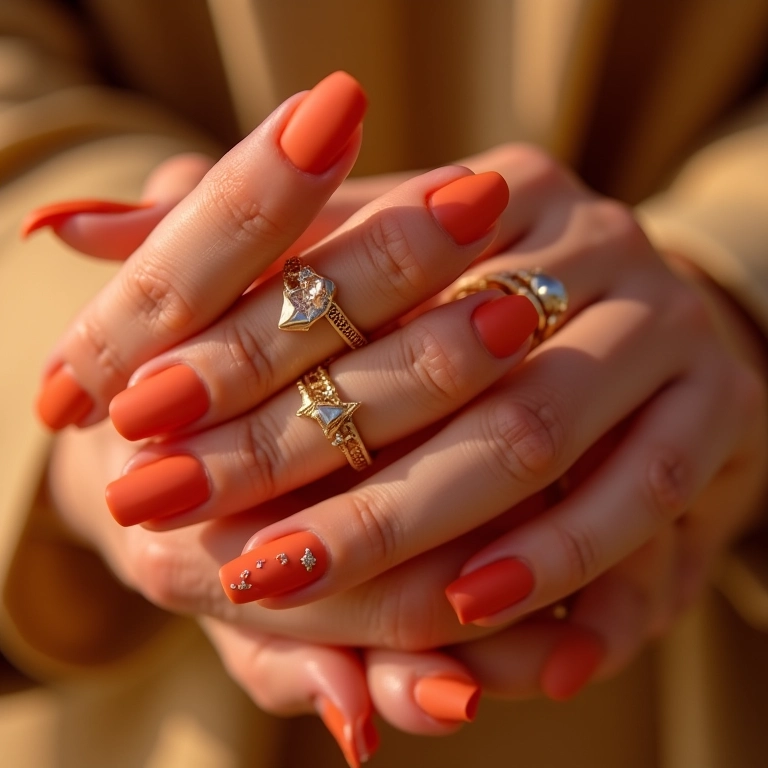Unhas salmão com detalhes dourados.