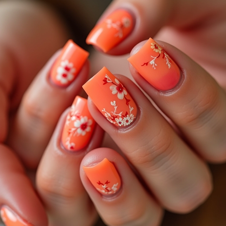 Unhas salmão com flores delicadas.
