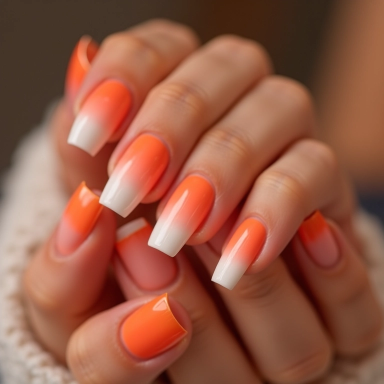 Unhas salmão ombré: transição suave de cores.