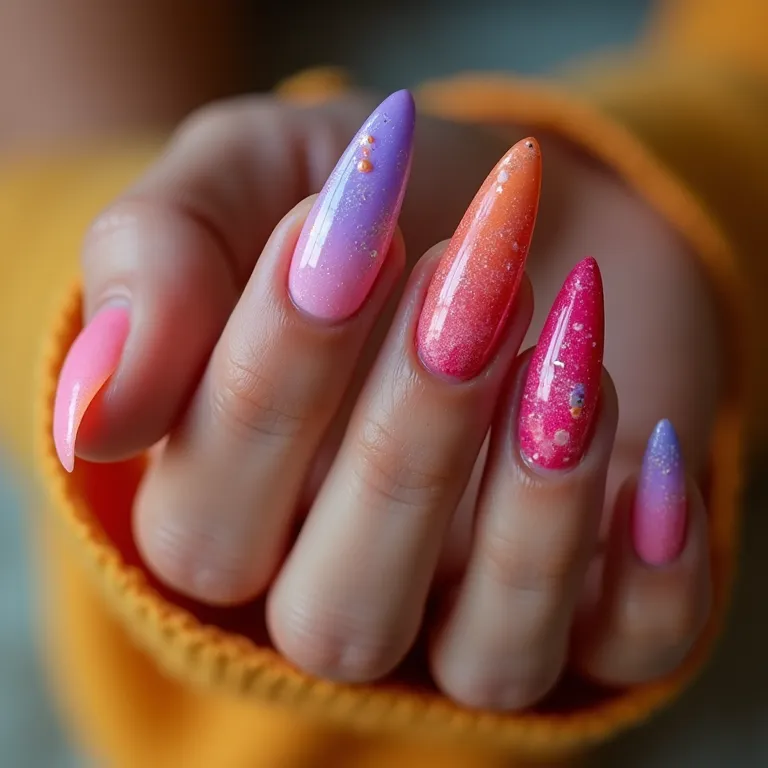 Unhas stiletto com cores vibrantes, alegria e energia em suas mãos.