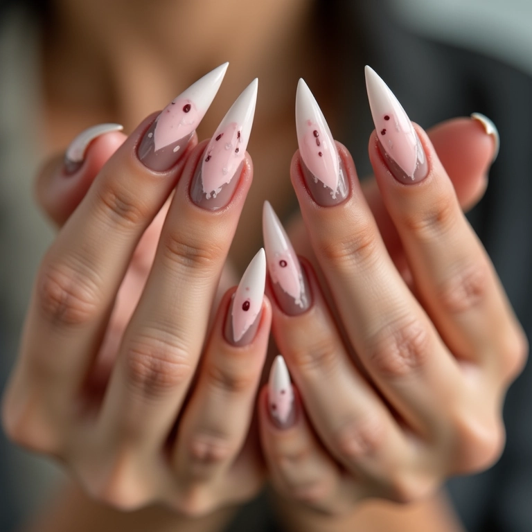 Unhas stiletto com decoração minimalista.