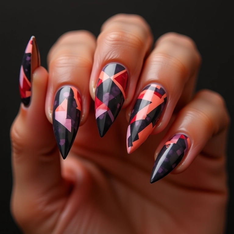 Unhas stiletto com desenhos geométricos, arte e modernidade.
