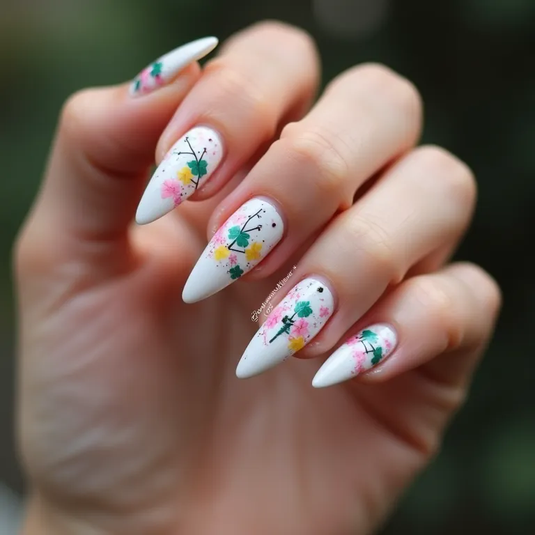 Unhas stiletto com desenhos geométricos, arte moderna e estilo único.
