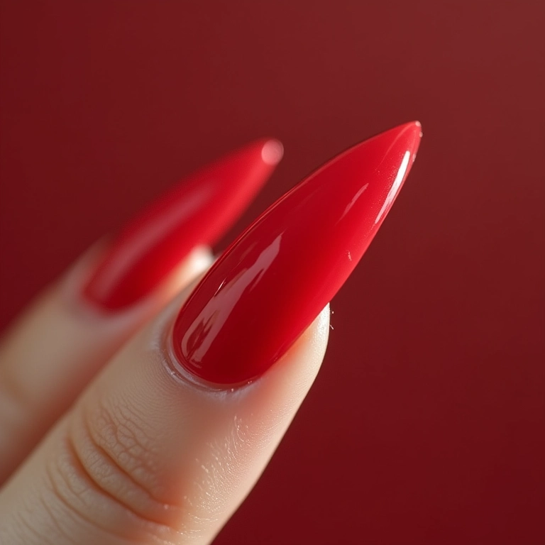 Unhas stiletto com esmalte em gel, brilho duradouro.