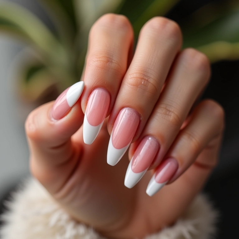 Unhas stiletto com francesinha, uma releitura moderna do clássico.