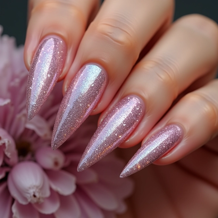 Unhas stiletto com glitter, adicionando brilho e glamour.