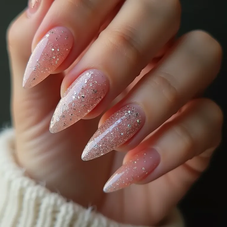 Unhas stiletto com glitter, brilho e glamour para ocasiões especiais.