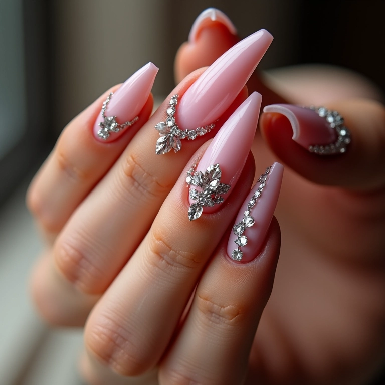 Unhas stiletto com pedrarias, um luxo para suas mãos.