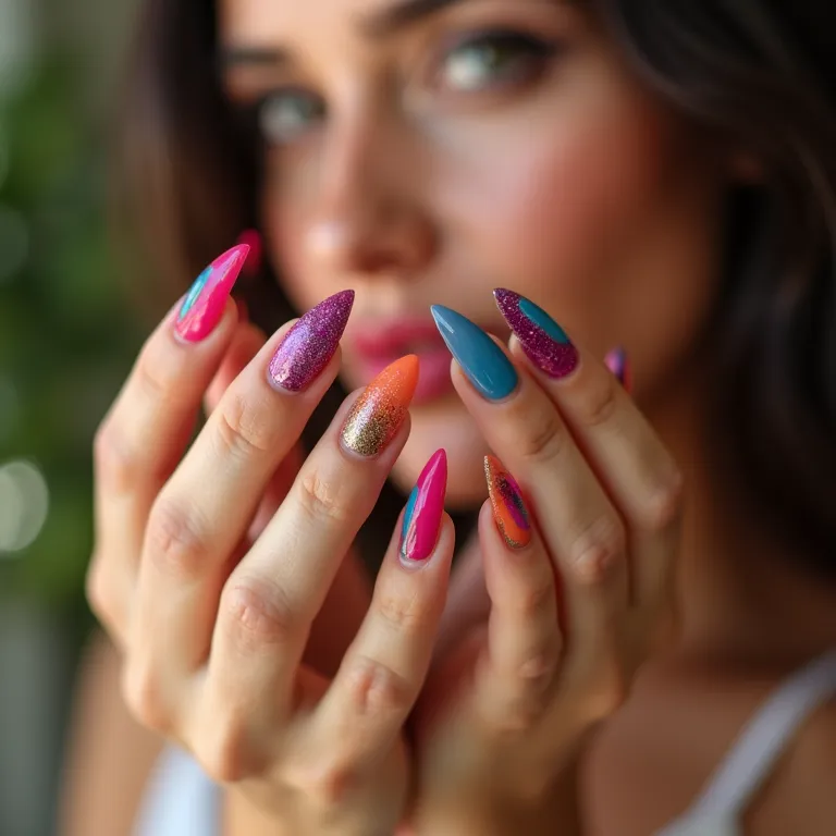 Unhas stiletto decoradas com cores vibrantes e design moderno.