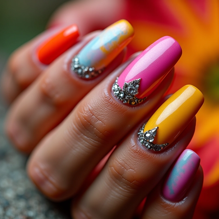 Unhas stiletto decoradas com design moderno e cores vibrantes.