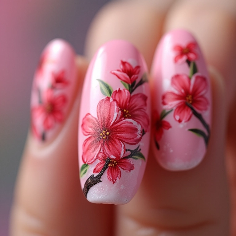 Unhas stiletto decoradas com flor de cerejeira.