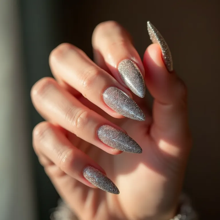 Unhas stiletto decoradas com glitter prateado, puro glamour.