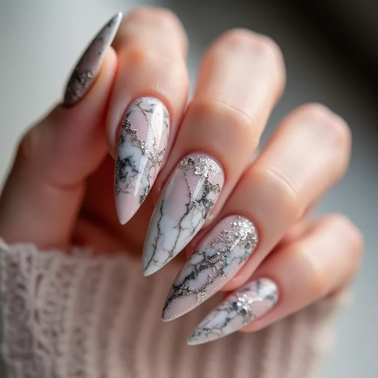 Unhas stiletto marmorizadas: elegância e sofisticação em cada detalhe.