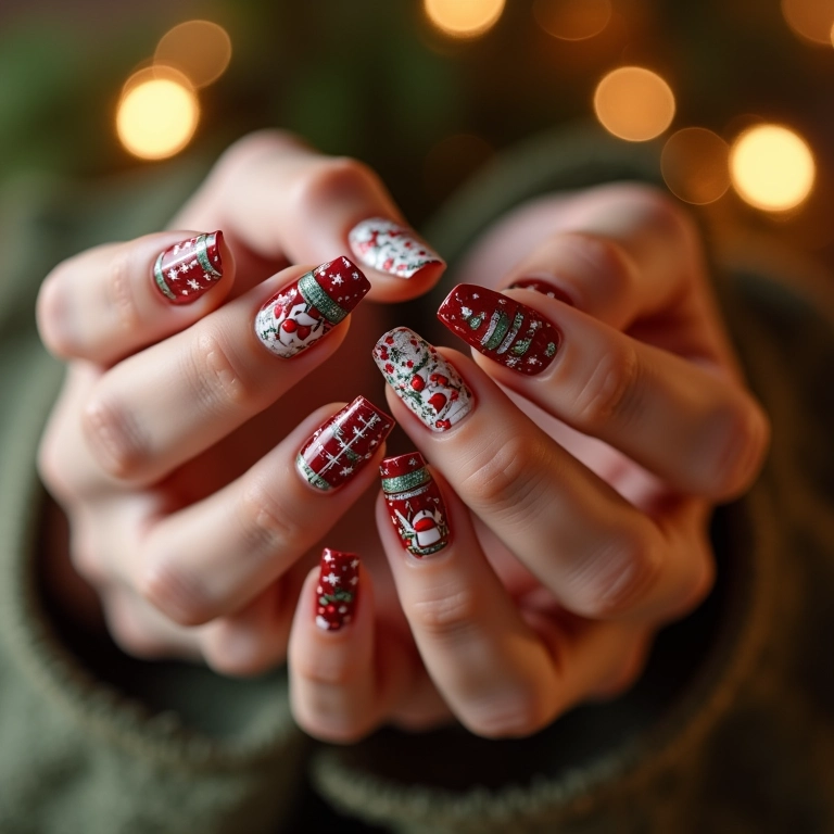 Unhas temáticas de Natal com design festivo e alegre.