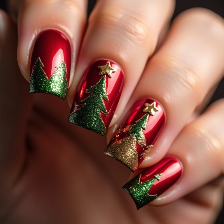 Unhas temáticas de Natal, cores vermelho, verde e dourado.