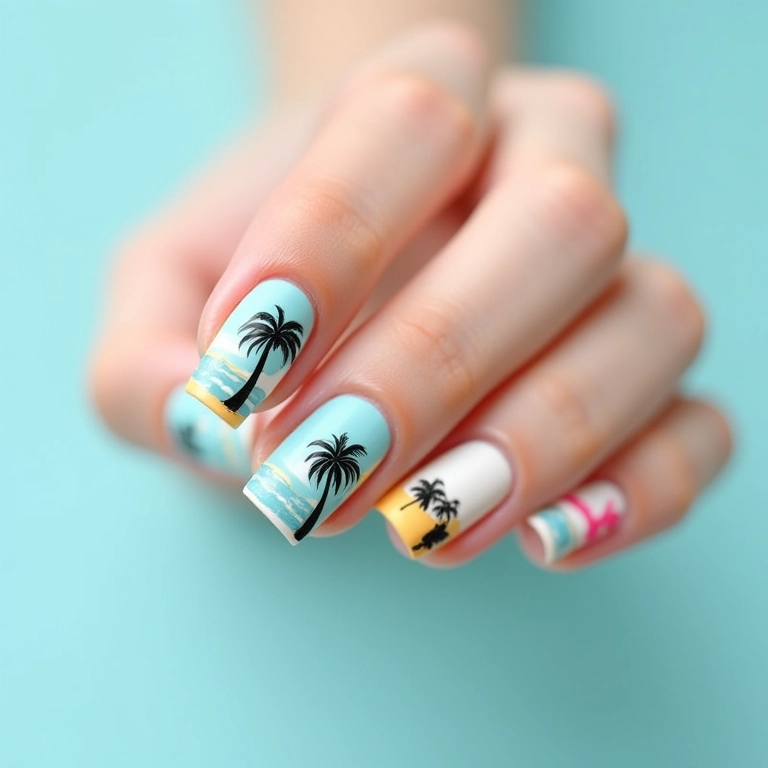 Unhas temáticas de praia com palmeiras, perfeitas para o verão.