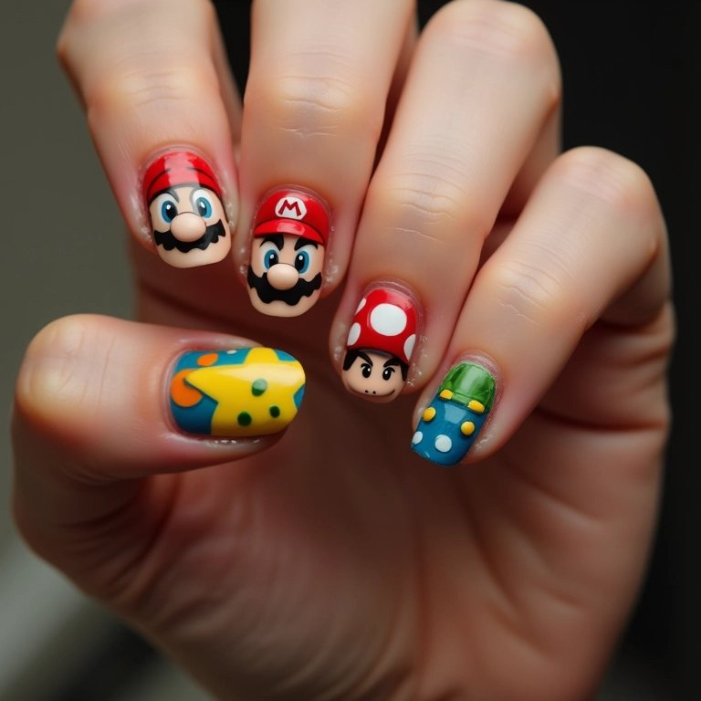 Unhas temáticas de Super Mario: Mario, Luigi e cogumelo.