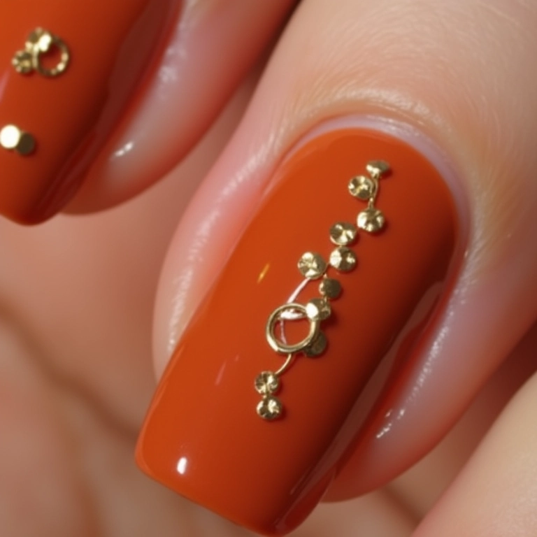 Unhas terracota com detalhes dourados, elegantes e sofisticadas.