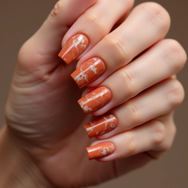Unhas terracota com efeito marmorizado, luxo e sofisticação.