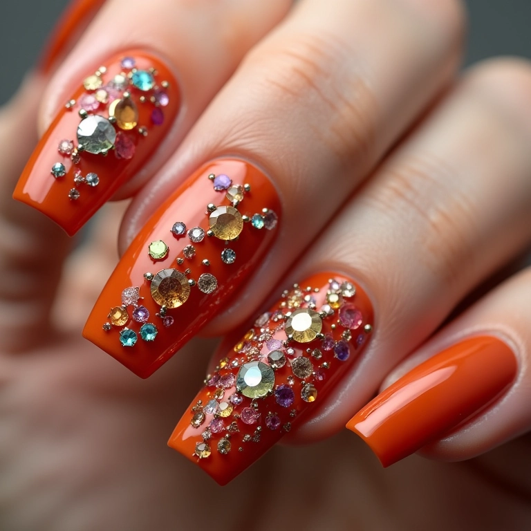 Unhas terracota com pedrarias, um toque de brilho e glamour.