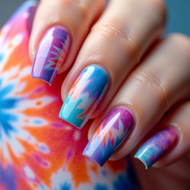 Unhas Tie-Dye com cores vibrantes e alegres.