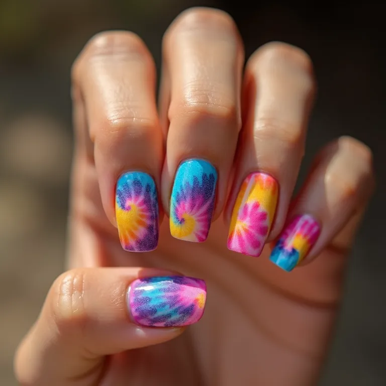 Unhas tie dye com cores vibrantes e efeito psicodélico.