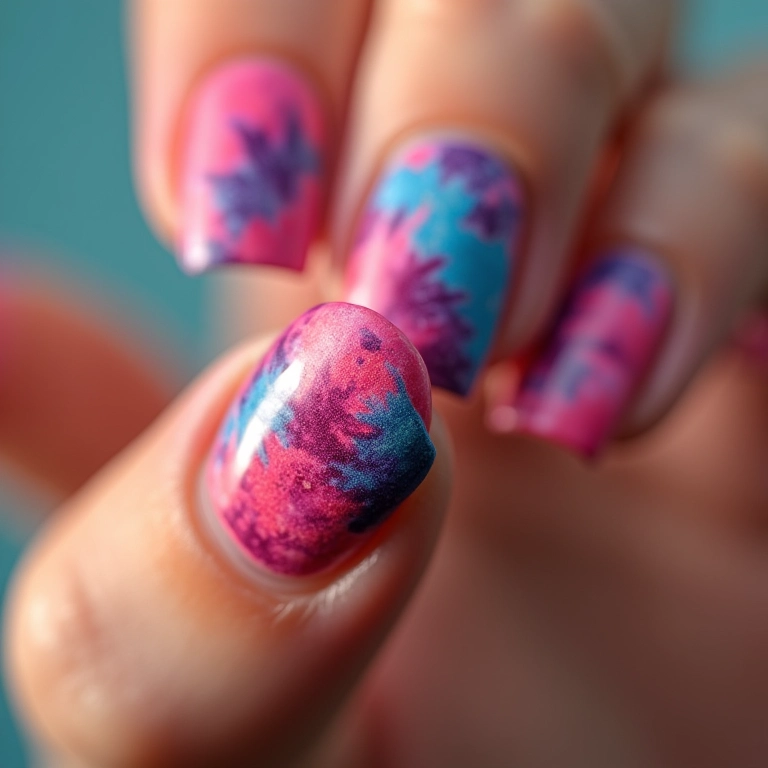 Unhas tie-dye com cores vibrantes e efeito psicodélico.