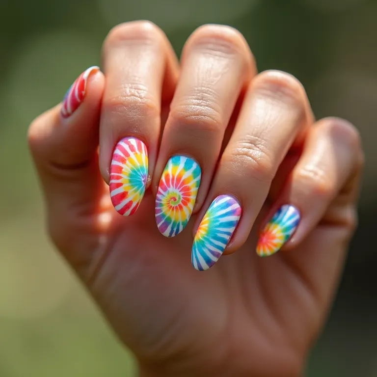 Unhas tie-dye com cores vibrantes e padrões em espiral, remetendo ao verão brasileiro.