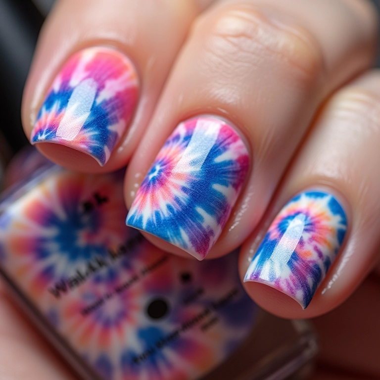 Unhas tie-dye com cores vibrantes.