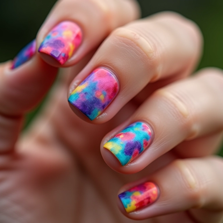 Unhas tie-dye com estilo hippie chic.